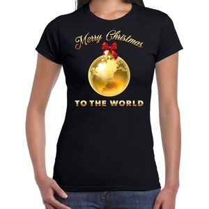 Foute Kerst t-shirt - Merry Christmas to the world - wereldbol kerstbal - zwart - dames - kerstkleding / kerst outfit M