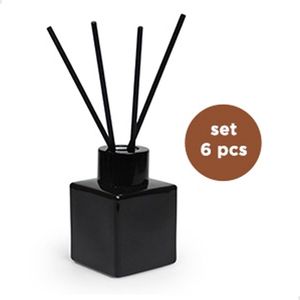 Vanhalst - Set van 6 geurstokjes - Kubus vormige glazen flesjes ZWART met zwarte dop en zwarte stokjes - Ideaal als uitdeelcadeau bij geboorte of huwelijk