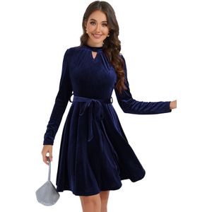 Fluwelen Jurk Voor Dames, Korte Elegante Satijnen Cocktailjurk, Lange Mouwen, Rockabilly A-Lijn Feestelijke Jurk Met Riem Donkerblauw XL