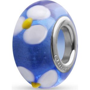 Quiges - Glazen - Kraal - Bedels - Beads Blauw met Witte Bloemen Past op alle bekende merken armband NG784