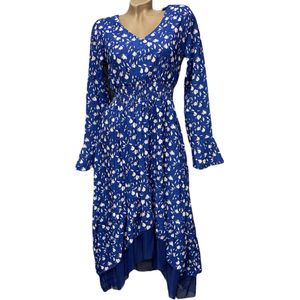 Dames midi jurk met bloemenprint S/M blauw/wit