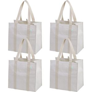 4-pack herbruikbare boodschappentassen met stevige bodem voorvak multifunctionele boodschappentas strandtas rechtopstaand waterbestendig duurzaam (beige, 4-pack)