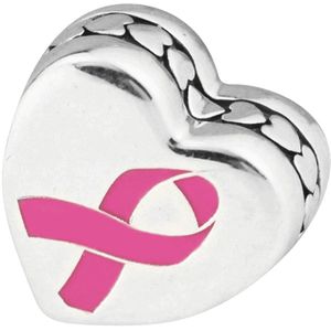 Tracelet - Zilveren bedel Pink Ribbon - Hart en Lint dubbel - 925 Sterling Zilver