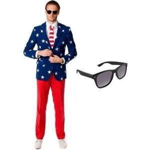 Heren kostuum / pak met Amerikaanse vlag print maat 52 (XL) - met gratis zonnebril