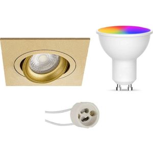 LED Spot Set GU10 - Facto - Smart LED - Wifi LED - Slimme LED - 5W - RGB+CCT - Aanpasbare Kleur - Dimbaar - Afstandsbediening - Pragmi Borny Pro - Inbouw Vierkant - Mat Goud - Kantelbaar - 92mm