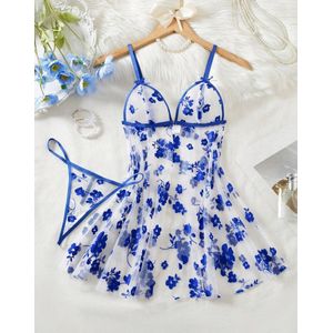 Lingerieset – 2-delig – Transparant – Met Blauwe Bloemen Borduursels – Maat S