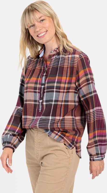 Blouse - Ruitpatroon - Katoen - Opstaande Kraag - Verstelbare Manchetten