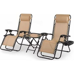 Opvouwbare stoel verstelbare stalen gaas - Lounge stoel - Fauteuils met kussens en bekerhouder - Beige - 2 Stuks