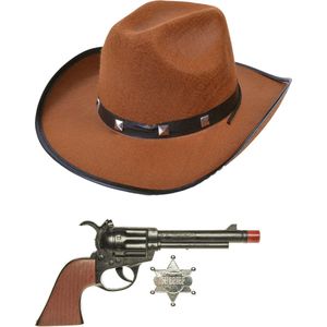 Carnaval verkleed hoed voor een cowboy - bruin - polyester - heren/dames - incl. pistool