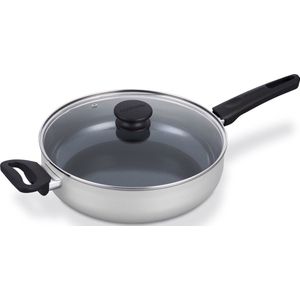Brabantia INDU+ R Hapjepan / Skillet inclusief glazen deksel - Ø 28 cm – 100% gerecycled aluminium - keramische antiaanbaklaag – ergonomisch en licht -ook geschikt voor Inductie - 100% PFAS Vrij – kleur Grijs