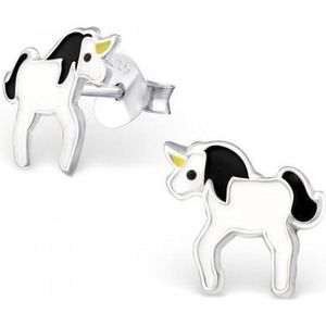 Aramat jewels ® - Kinder oorbellen unicorn 925 zilver zwart wit 8mm x 10mm