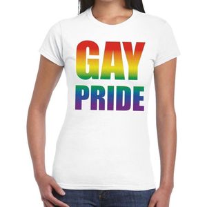 Gay Pride t-shirt wit - shirt met regenboog tekst voor dames -  lgbt kleding S