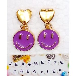 Jeannette-Creatief® - Fun - Smiley Paars - Paarse Oorbellen - Dames Oorbellen - Oorbellen Paars - Gouden Hartjes