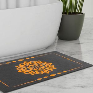 Badmat grijs groot 70 x 120 cm - mandala antraciet oranje - zacht absorberend - machinewasbaar - sneldrogend - douchemat