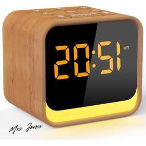 Mrs. Jones Radiowekker voor de slaapkamer digitale FM-radiografische klok met witruis-geluidsmachine 9 alarmgeluiden dimbaar display 7 kleuren nachtlampje automatische uitschakeltimer snooze met bluetooth speaker. .