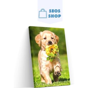 SEOS Shop ® Diamond Painting Volwassenen - Diamond Painting Kinderen - Diamond Painting Pakket Volledig - Puppy met een bloem - 25x30 cm