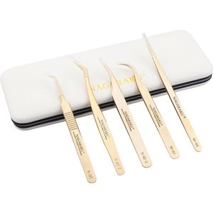 5-delige Precisiepincet Set voor Wimperextensions - Licht Gewichts Pincetten met Beschermkappen en Leren Opbergdoos