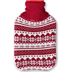 Warmwaterkruik van 2 liter met zachte gebreide hoes in rood-wit Noors patroon voor comfortabele warmte en ontspanning