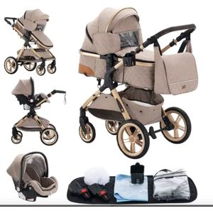 J&R Kinderwagen 3 in 1 - Kinderwagen - Bedje - Buggy - Autostoel - Opvouwbaar - Aluminium frame - Beige/Khaki - Goud - Zwart