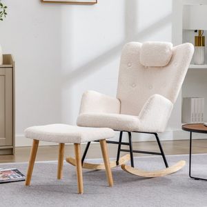 SINGULARITY Fauteuil - Witte schommelstoel - teddy pluche - met hoofdsteun en voetensteun - belastbaar tot 100kg
