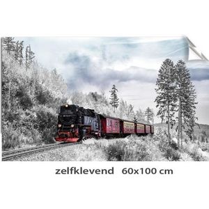 Kerstdorp achtergrond - 70x100 cm - sticker zelfklevend - winterlandschap trein - kerstdecoratie binnen
