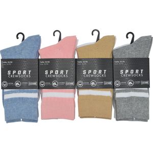 SPORTKOUSEN DAMES- JUNIOR- INTER SOCKS - CREW SOCKS - 31/35- 8 PAAR- BEIGE & WIT - GRIJS & WIT- BLAUW & WIT - ROZE & WIT