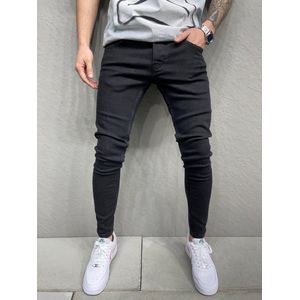 Mannen Stretchy Ripped Skinny Biker Borduurwerk Cartoon Print Jeans Vernietigd Hole Slim Fit Denim Hoge Kwaliteit Hip Hop Zwarte Jeans - W32