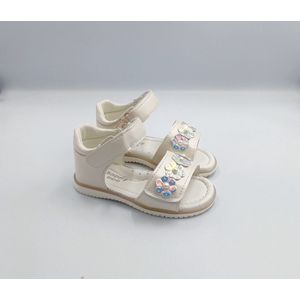 Meisjes baby / peuter / kleuter zomer sandalen - wit met parel bloemen - klittenband sluiting en verstelbaar aan de tenen - maat 23