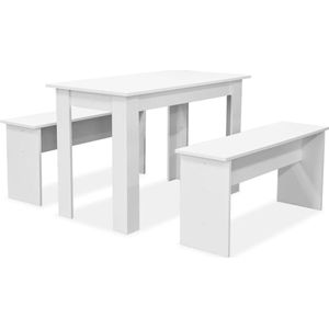 vidaXL Eettafel met Banken - Matwit - 3-delig Eetkamerstoel - Eettafel - Houten Meubels - Witte Meubels - Modern Meubilair