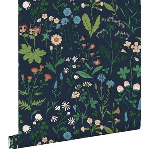 ESTAhome behang veldbloemen inktblauw en groen - 139844 - 0.53 x 10.05 m