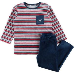 Noukie's - Pyjama - Velour - Streep grijst / marine / rood - Jongen  - 6 jaar 116