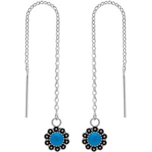 Zilveren oorbellen | Chain oorbellen | Zilveren chain oorbellen, bloemetje met blauwe steen