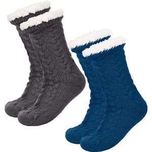 JAXY Huissokken - Huissokken Dames en Heren - Verwarmde sokken - Anti Slip Sokken - Fleece Sokken - Dikke Sokken - Fluffy Sokken - Slofsokken - Warme Sokken - Bedsokken - Gevoerde Sokken - Winter Sokken - 2 Paar - Petrol + Grijs