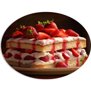 PVC Schuimplaat Ovaal - Eten - Cake - Fruit - Aardbeien - Bord - Lepel - 96x72 cm Foto op Ovaal (Met Ophangsysteem)