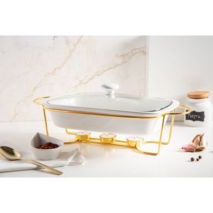 Altom chafing dish en warmhoudbak van keramiek 1.7L - Goud / wit - Geschikt voor waxinelichtjes