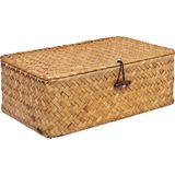 QUVIO Opbergmand - Maat M - Opbergdoos - Opbergbox - Voorraaddoos - Organizer - Sorteerdoos - Met deksel - Met knoop - Rotan - Bruin - 27x17x10cm