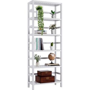 Boekenplank, Bamboe Boekenkast met 6 Verstelbare Planken, Grote Vrijstaande Keuken Opbergrek, Plant Display Stand, Wit