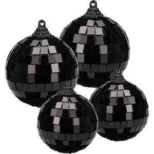 Grote discobal kerstballen - 4x stuks - zwart - 6 en 8 cm - kunststof