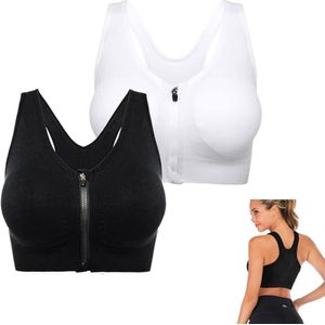 2 stuks - Sportbeha met rits aan de voorkant - Hardloopbeha - Fitness-yogabeha - Zonder beugels - Kruisondersteuning op de rug - Zwart en wit - Maat L - Voor dames - Geschikt voor hardlopen, fietsen, boksen, tennis, fitness