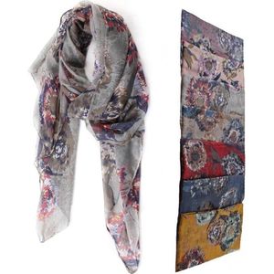 Grijze viscose dames sjaal met bloemen - 90 x 180 cm