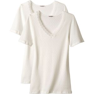 Damart - Set van 2 Essential t-shirts in een jacquard gebreide stof en kant van zuiver gekamd katoen - Dames - Wit - S