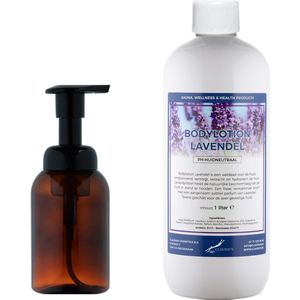 Zeepdispenser 300 ml amber bruin hervulbaar + 1 liter Bodylotion Lavendel navulling