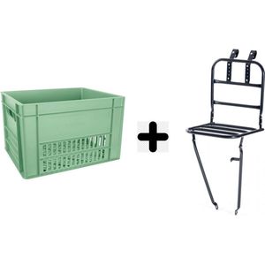Fiets Transportrek Voordrager 28 inch Zwart + Fietskrat Kunststof 40 liter Mint Groen