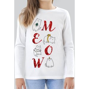 KerstKleding / Christmas T-Shirt | Kerst Cadeau | Meow | Meisjes | Wit | Kind 4-5 jaar | Maat 110