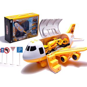 Playos® - Transporter Vliegtuig - Bouwplaats - Geel - Bouwplaats - XL - 1:64 - inclusief 3 Voertuigen en Verkeersborden - met Licht en Geluid - Vliegtuig - Vliegtuig Speelgoed - Rollenspel Speelgoed