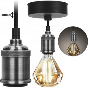 Cheqo® Industriële Hanglamp - Industriële Plafondlamp - Snoerpendel - Eetkamerlamp - Lamp - Hanglamp Industrieel - Zilver - ø10cm Plafondkap - 100cm Snoerlengte - E27 Fitting