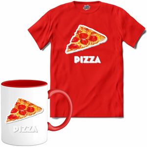 Pizza - grappig verjaardag kleding cadeau - eten teksten - T-Shirt met mok - Heren - Rood - Maat M