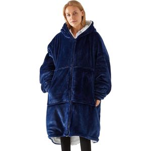 Hoodiedeken - uniseks - super zacht - flanel - lange deken - sweatshirt - eenkleurige capuchontrui met oversized zak - ritssluiting - deken hoodie - marineblauw
