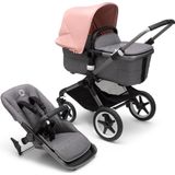 Bugaboo Fox 3, Comfortabele 2-in-1 Reissysteem: Lichte comfort Kinderwagen & Geavanceerde Breezy Reiswieg, Graphite Chassis, Bassinet in Grey Mélange & Zonnekap in Morning Pink