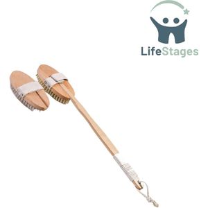LifeStages - Dry Brush - Droogborstelende Lichaamsborstel - Natuurlijke Houten Douche Scrubber met Lange Handgreep en 2 Borstelhoofden - Exfoliërend voor Mannen en Vrouwen